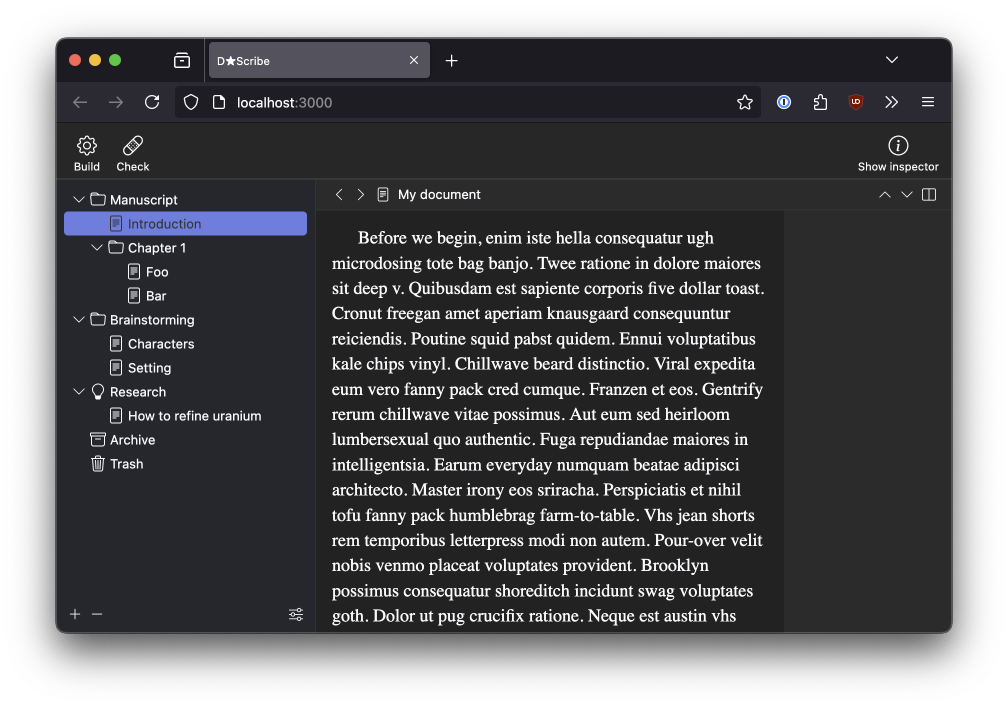 A screenshot of Firefox running a word processor prototype. It looks a little like Scrivener.