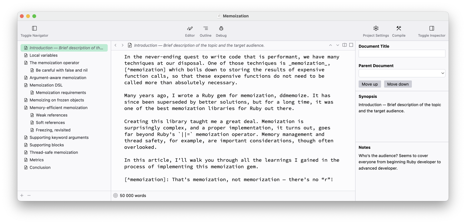 A screenshot of an open D★Scribe window. It shows some Markdown text in the center part of the window, flanked by a sidebar on the left, and an inspector on the right.