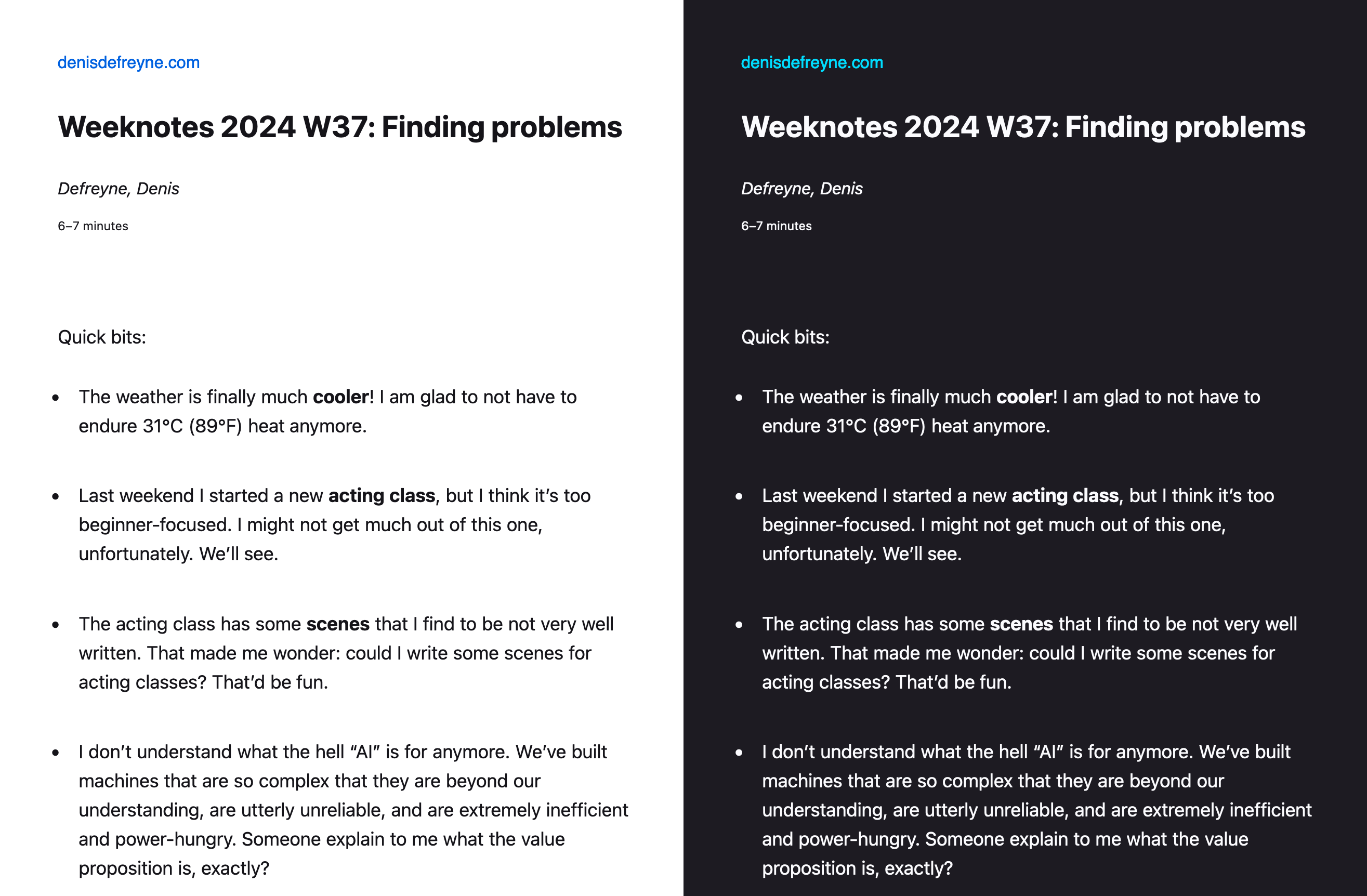 Two screenshots of my prevous weeknotes (for 2024 W37), in Firefox’ reader view. The left screenshot is in light mode, and the right screenshot is in dark mode.