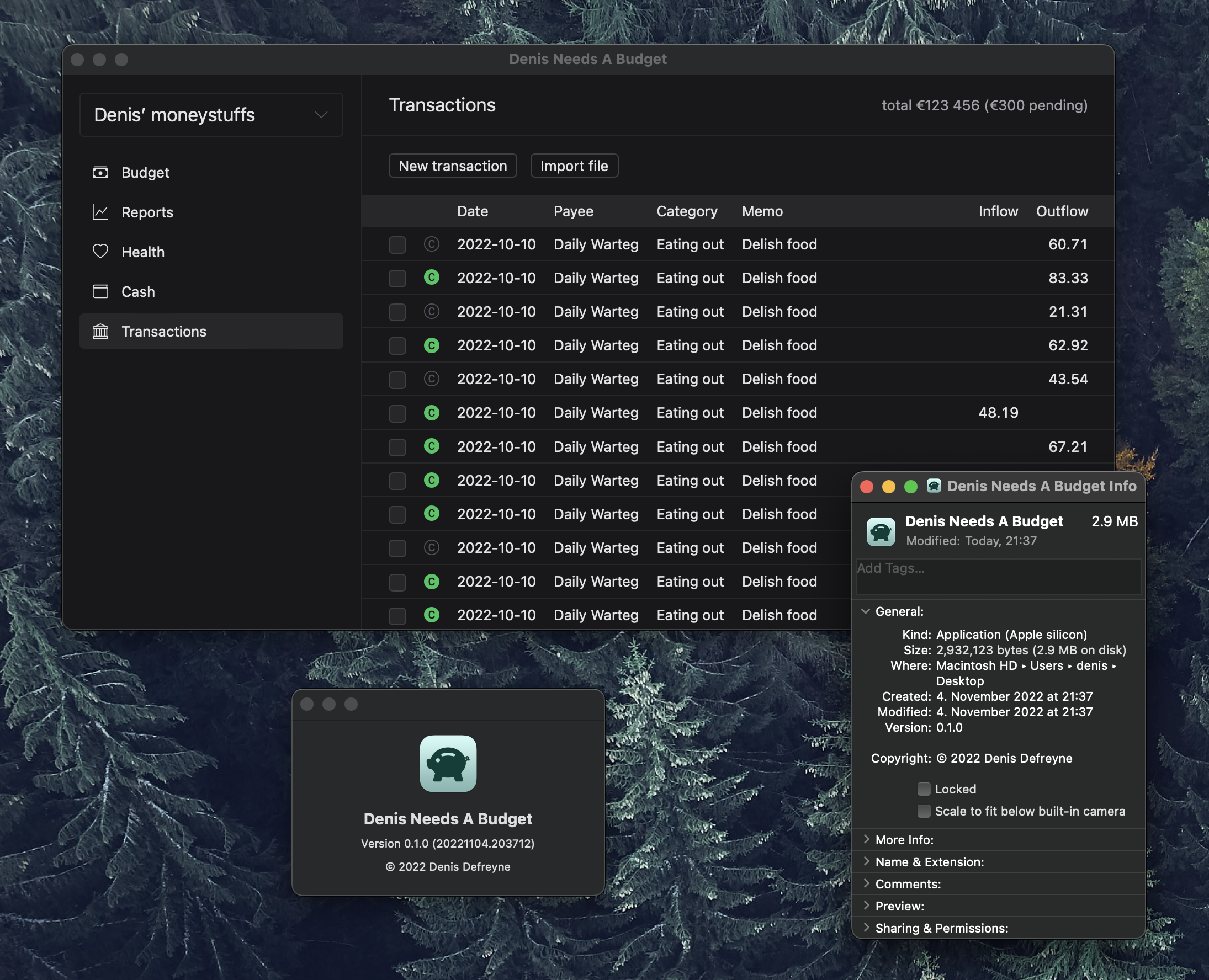 A screenshot of my budgeting software. It shows a fake list of transactions, with date, payee, inflow/outflow, and so on.