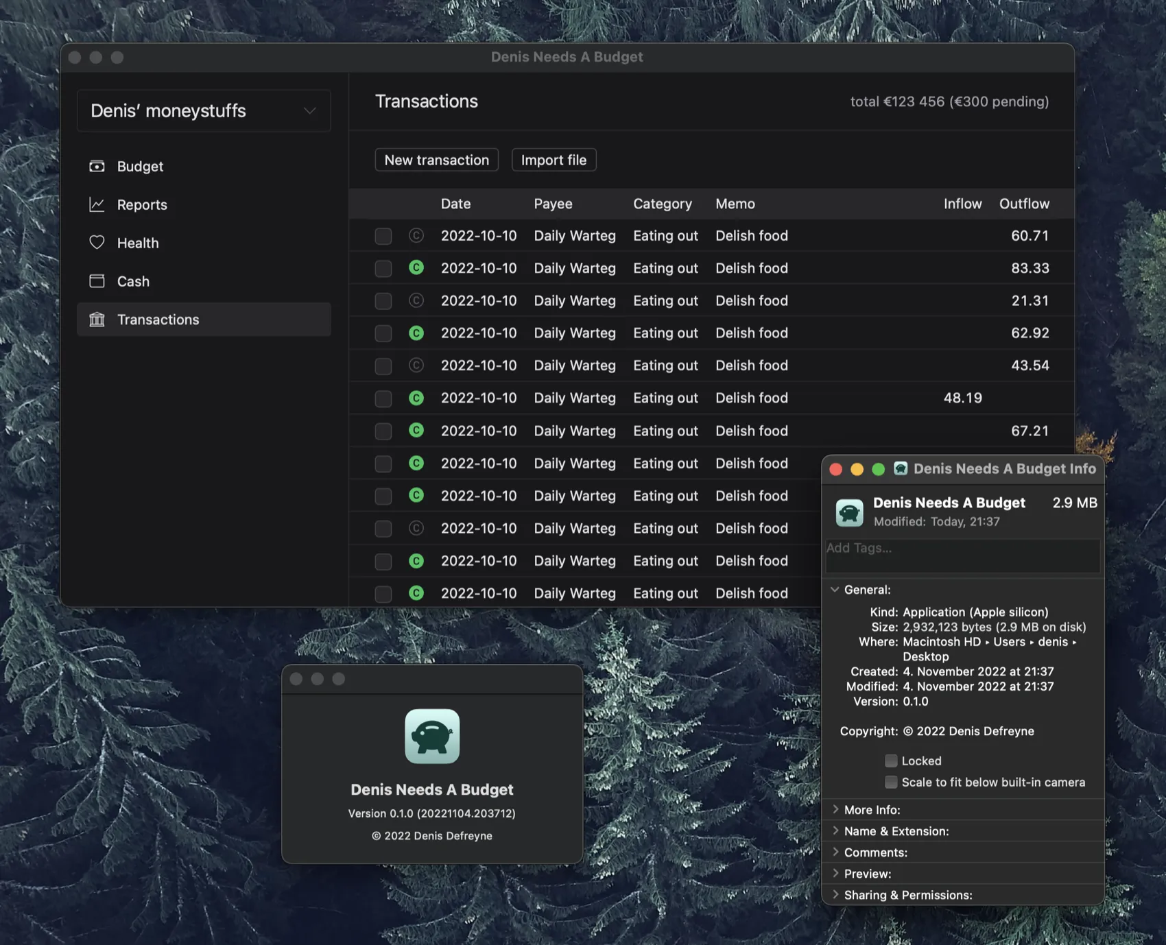 A screenshot of my budgeting software. It shows a fake list of transactions, with date, payee, inflow/outflow, and so on.