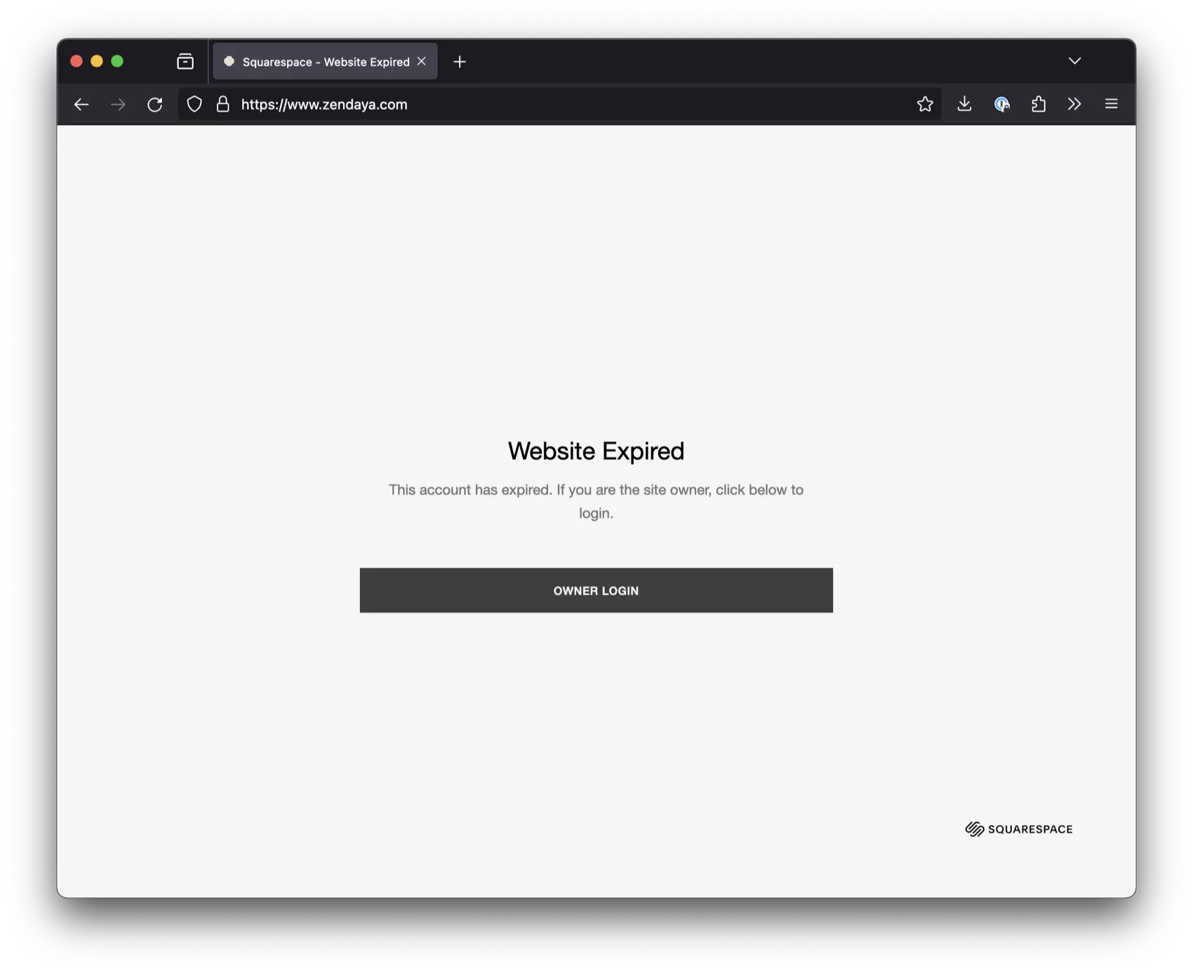 A screenshot of zendaya.com saying “Website Expired.”