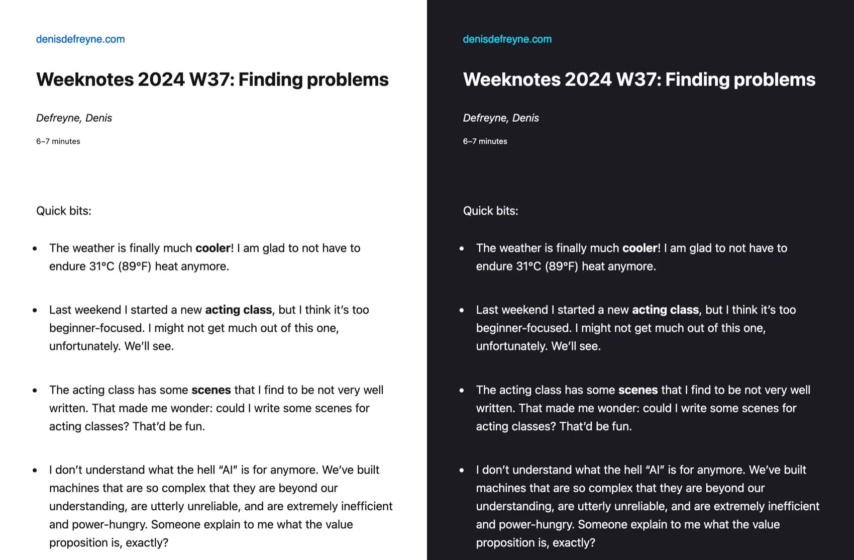 Two screenshots of my prevous weeknotes (for 2024 W37), in Firefox’ reader view. The left screenshot is in light mode, and the right screenshot is in dark mode.