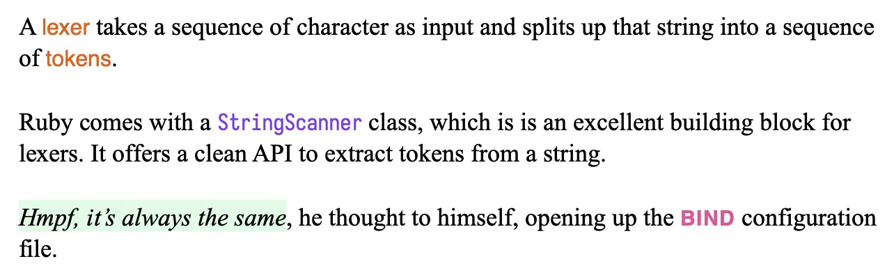 A screenshot of a Scrivener document. The text is mostly black on white, but some words and sentence parts are colored differently.