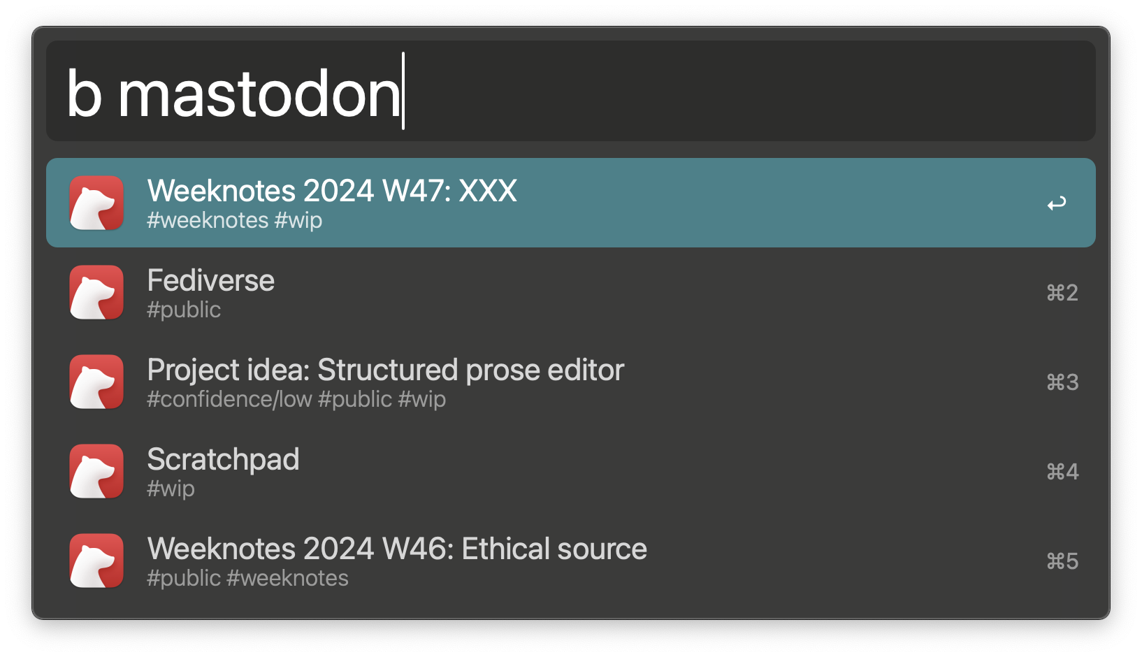 A screenshot of Alfred. It shows the search term “b mastodon” and below it is a list of notes (search results) relating to the term “mastodon”.
