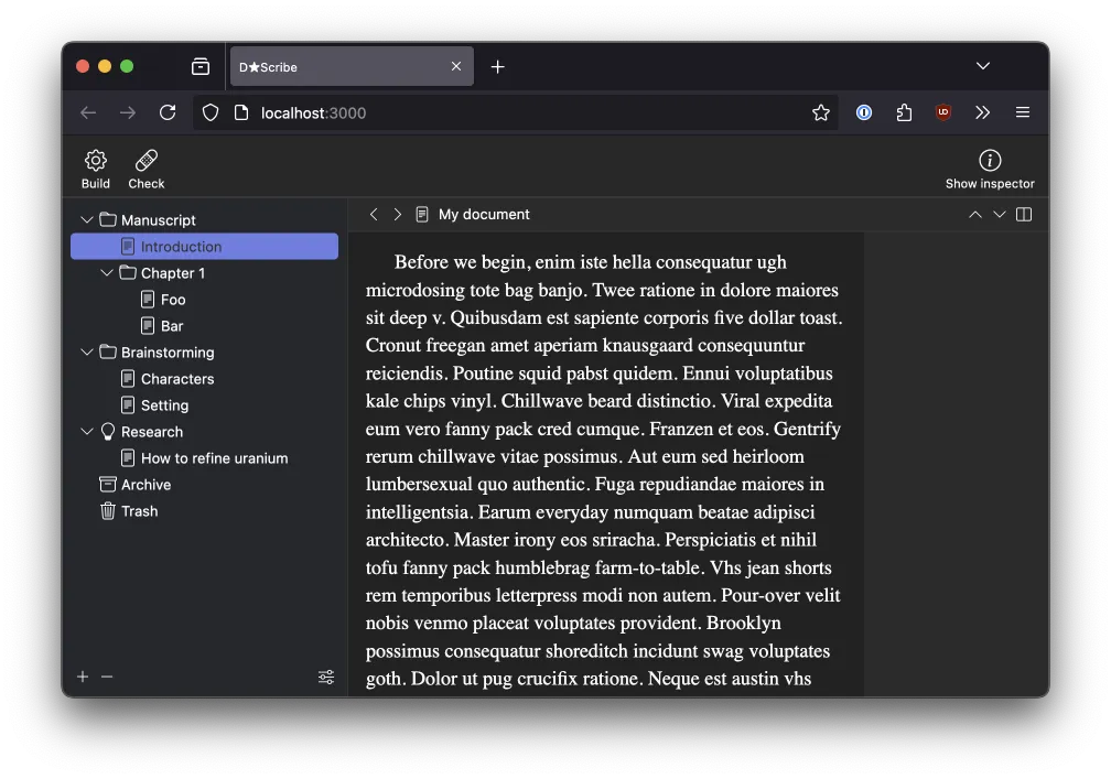 A screenshot of Firefox running a word processor prototype. It looks a little like Scrivener.