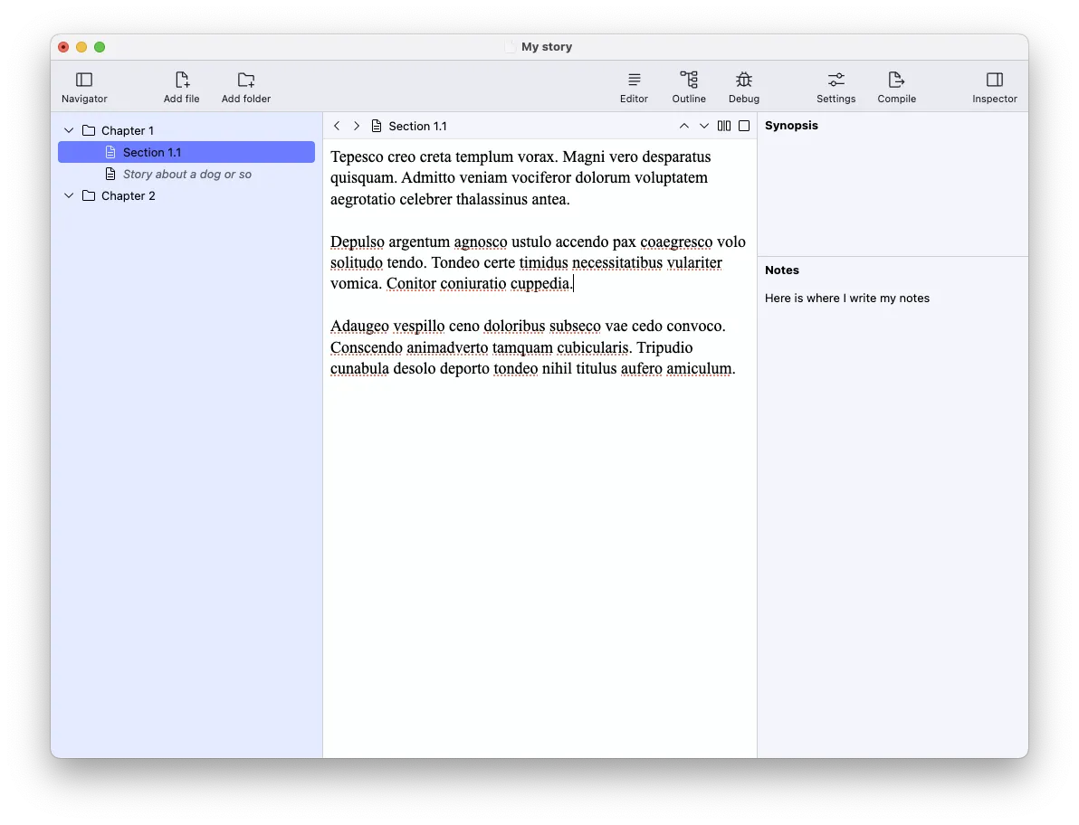 A screenshot of a word processor. It looks a bit like Scrivener.