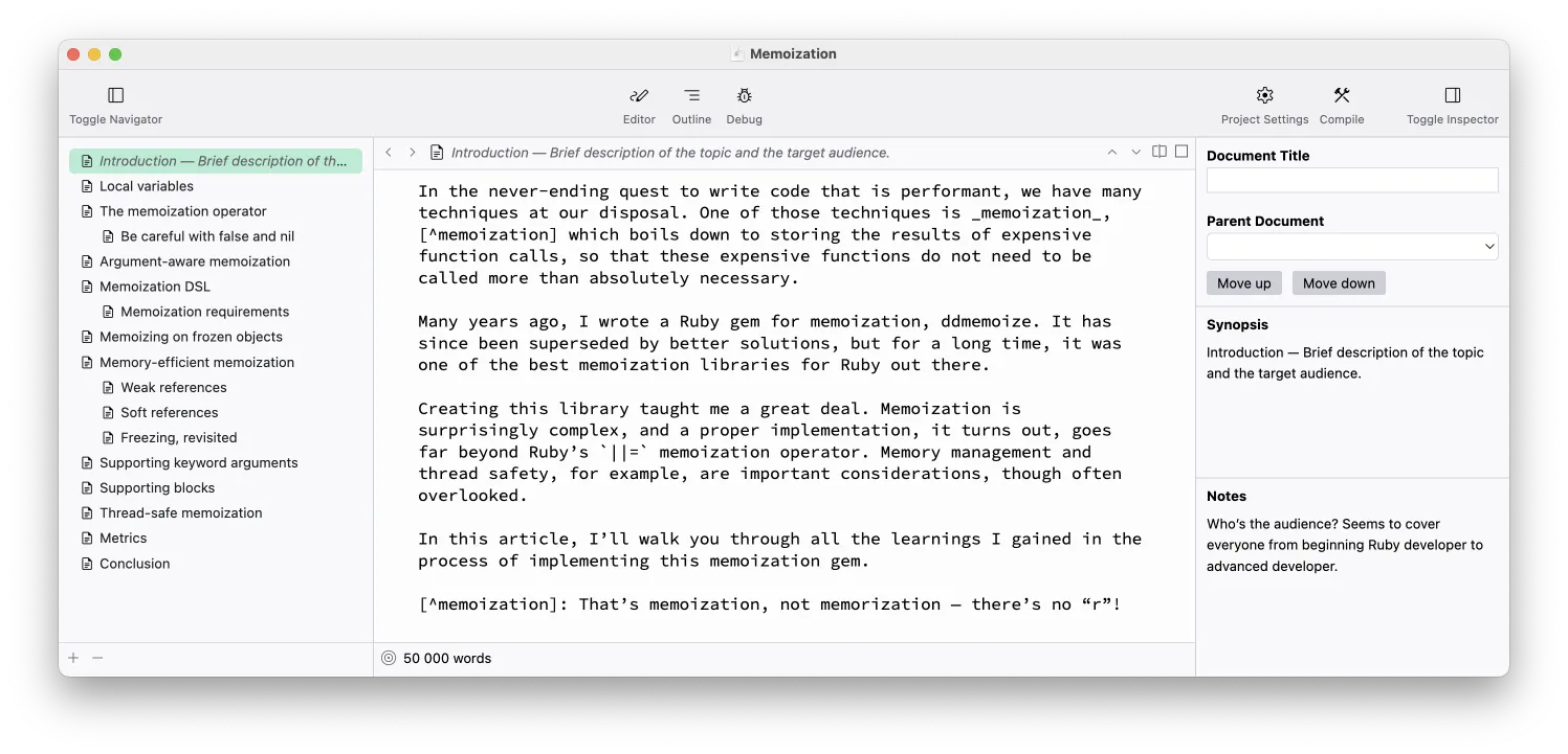 A screenshot of an open D★Scribe window. It shows some Markdown text in the center part of the window, flanked by a sidebar on the left, and an inspector on the right.