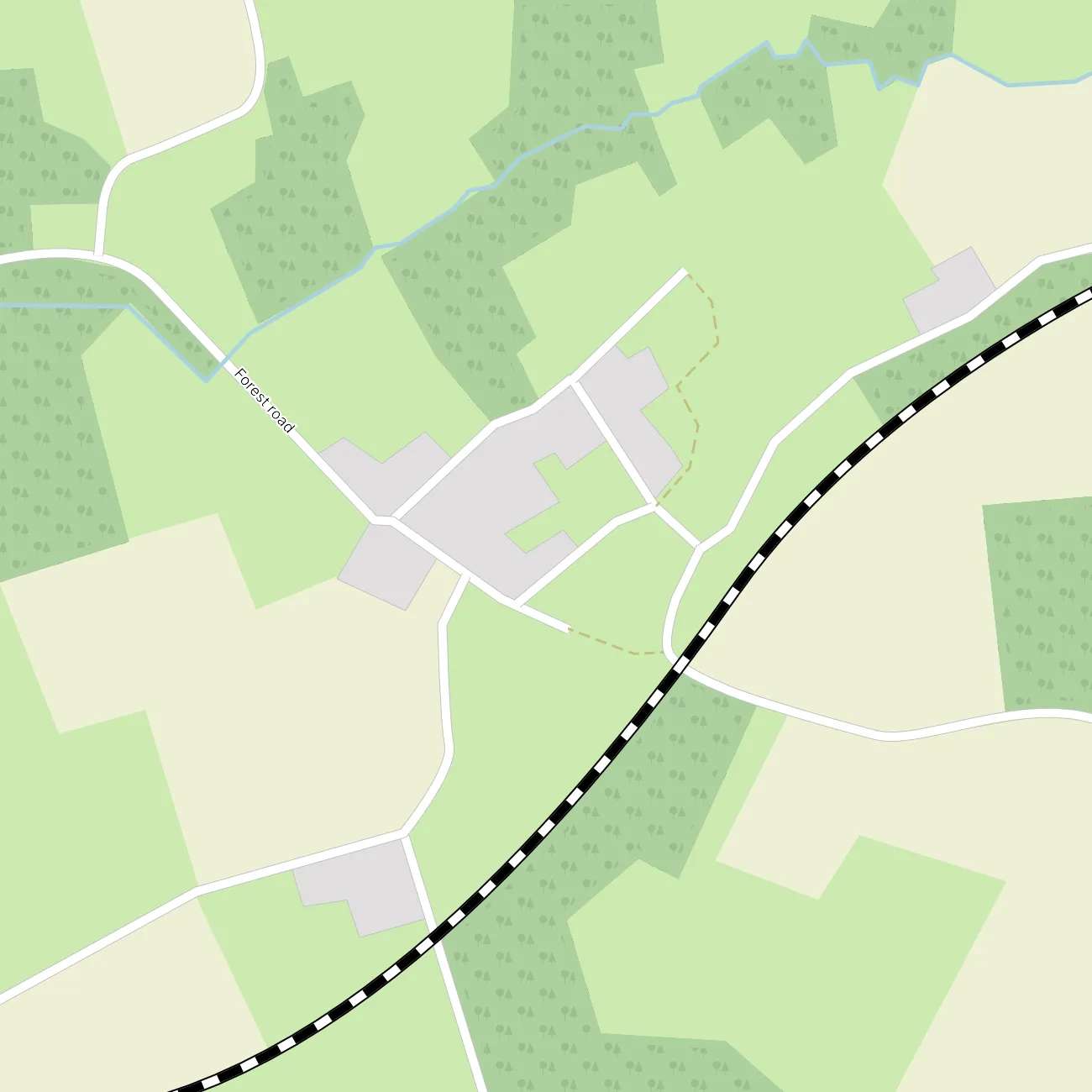 An abstract map showing a small village, a few roads criss-crossing, surrounded by forest and farmland.