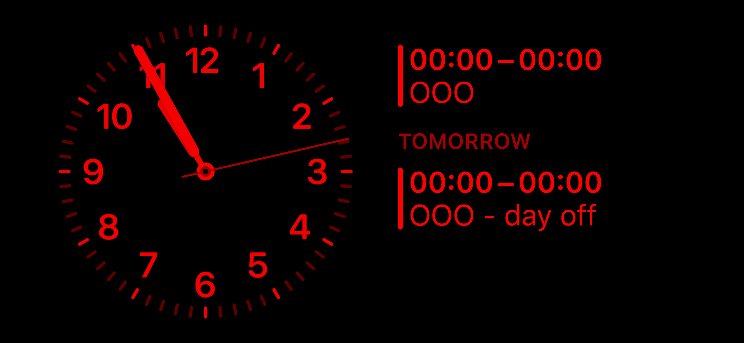 The iPhone StandBy mode that says 00:00:00–00:00:00 OOO, tomorrow: 00:00:00–00:00:00 OOO.