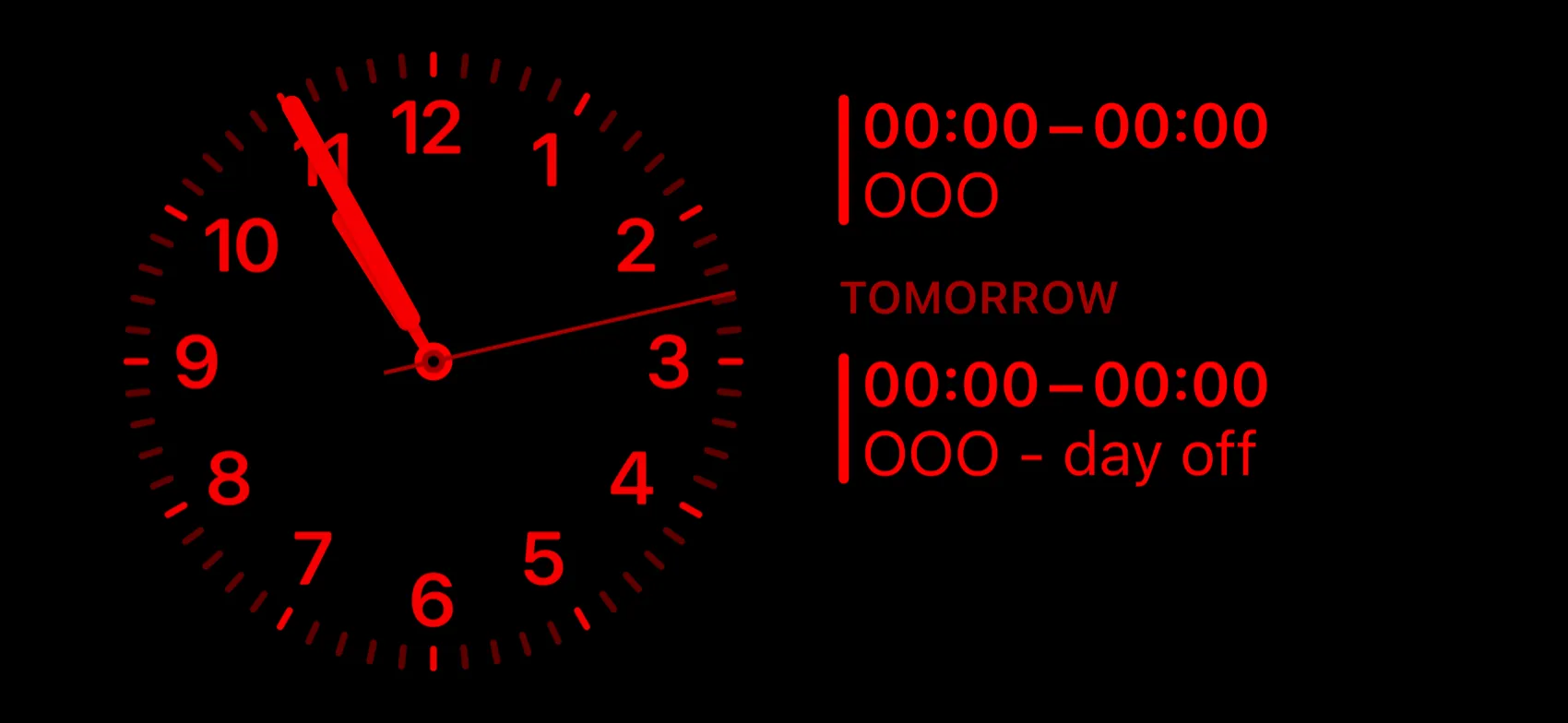 The iPhone StandBy mode that says 00:00:00–00:00:00 OOO, tomorrow: 00:00:00–00:00:00 OOO.