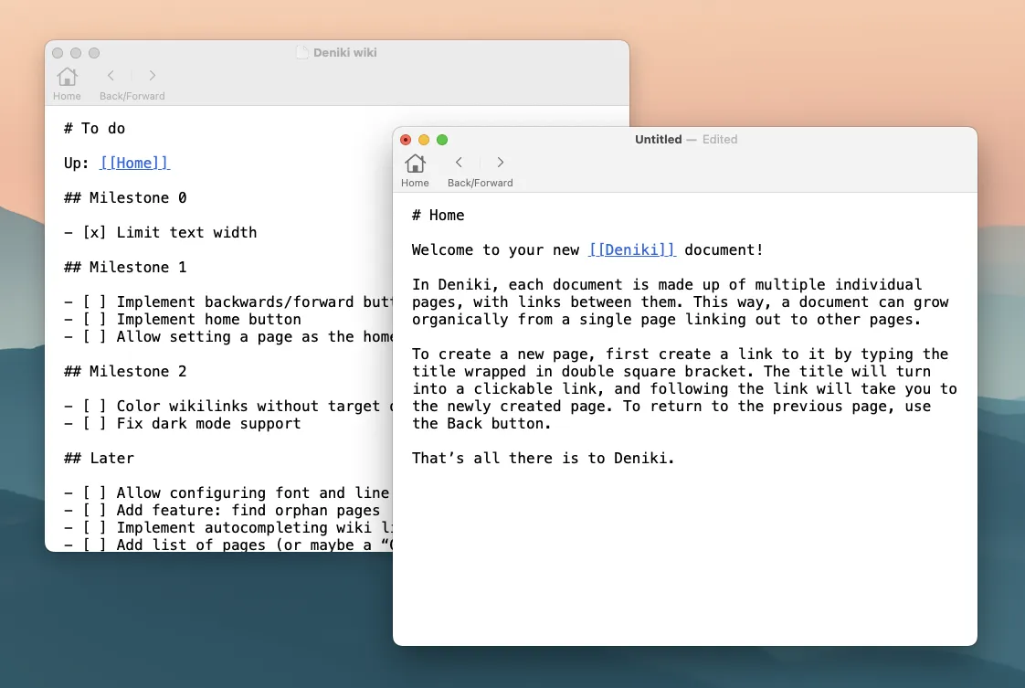 A screenshot of Deniki. There are two open documents, each with a plaintext editor with blue wiki links. Each window has a toolbar with home, back, and forward buttons.