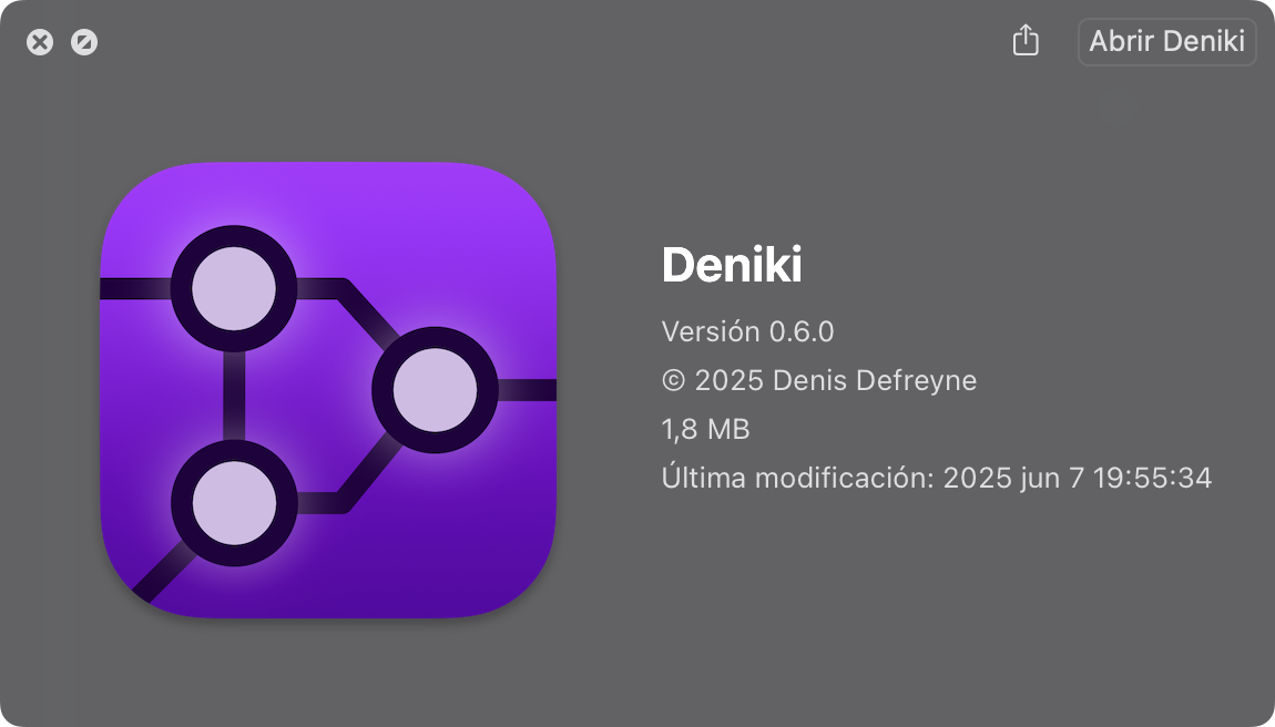 A macOS Finder screenshot showing the details of the Deniki application. Its icon is a rounded square with three circles inside it, and lines connecting the circles. It vaguely looks like a network graph that resembles the letter D.
