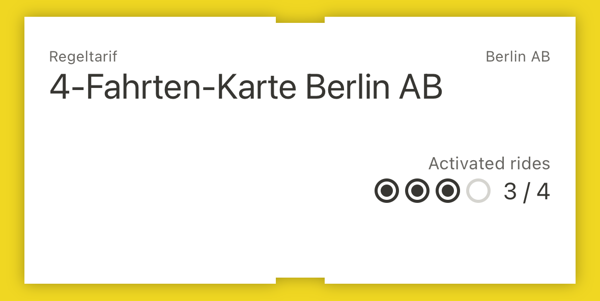 A piece of a screenshot of the BVG app. It says “4-Fahrten-Karte Berlin AB” and shows three out of four trips used up.