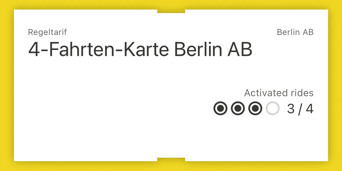 A piece of a screenshot of the BVG app. It says “4-Fahrten-Karte Berlin AB” and shows three out of four trips used up.