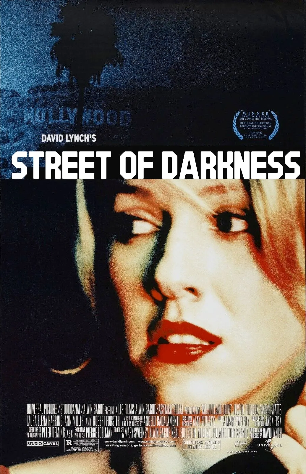 The poster for the film Mulholland Drive, but the title has been replaced by “Street of Darkness.”