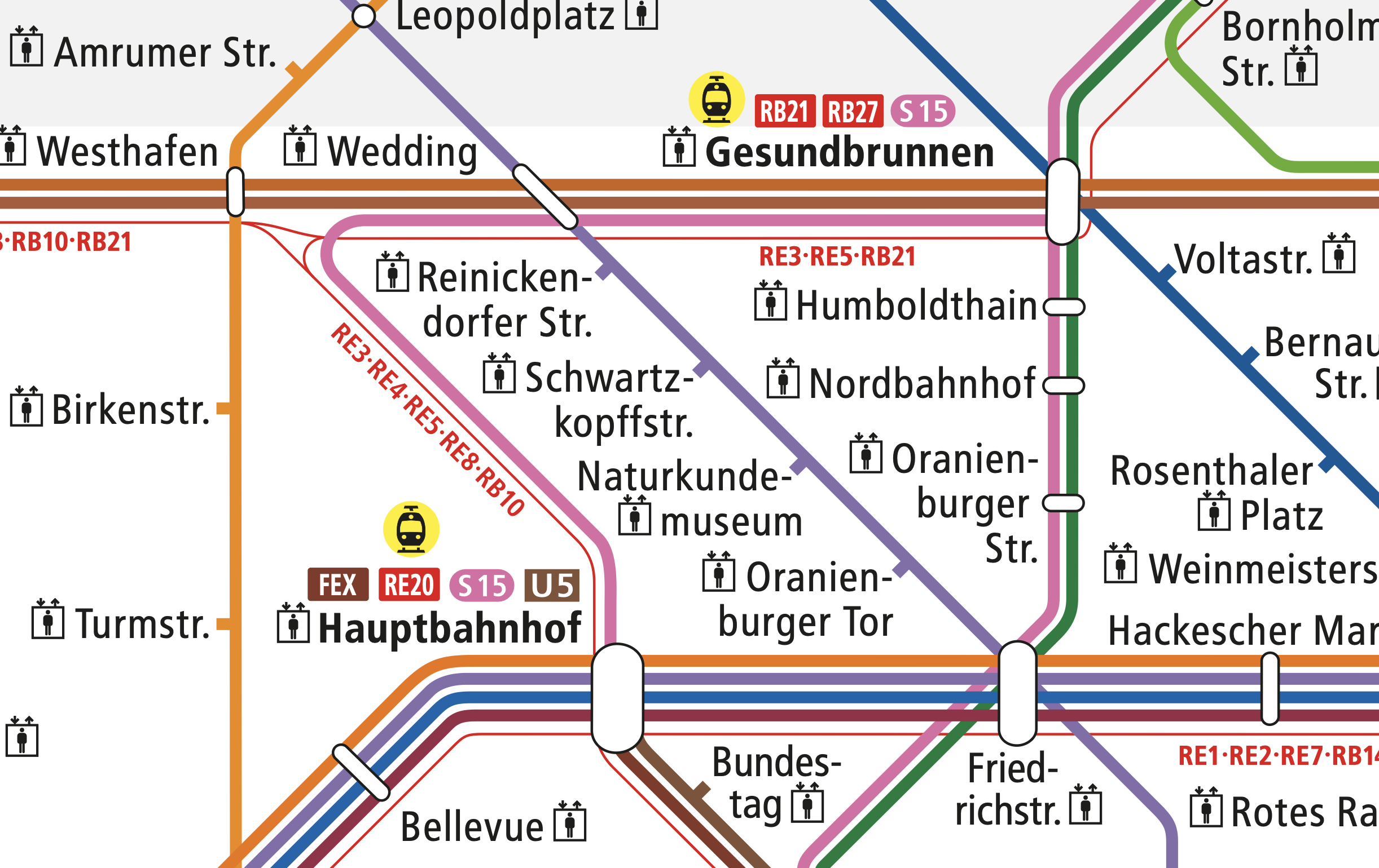 A map of Berlin public transit. There is a new line, the S15, in pink!