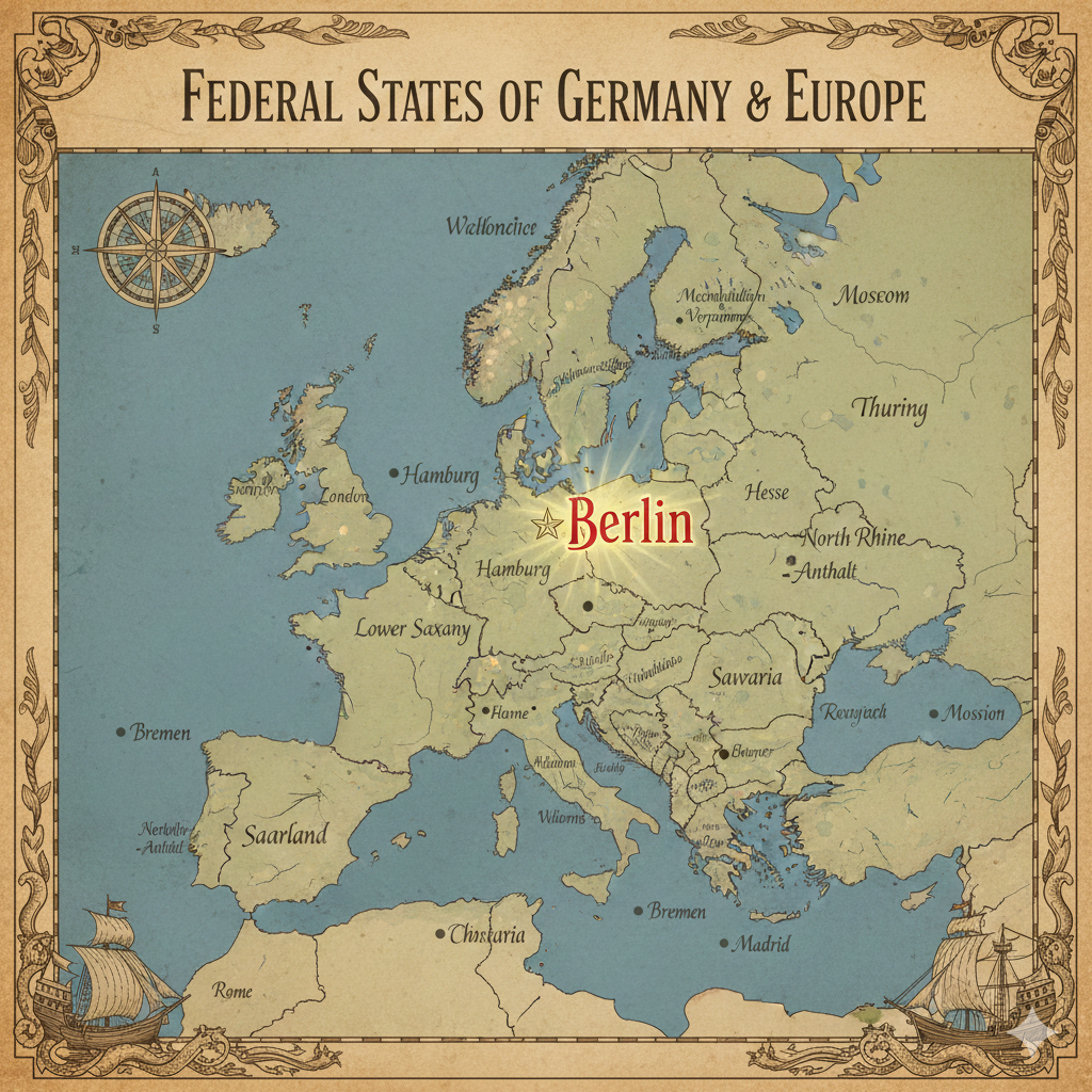 AI slop! A map of Europe, with Bremen and Madrid located in the Mediterranean sea, Hamburg somewhere in Doggerland, Spain is now Saarland, Russia has become Thuring, and France has become Lower Saxany.