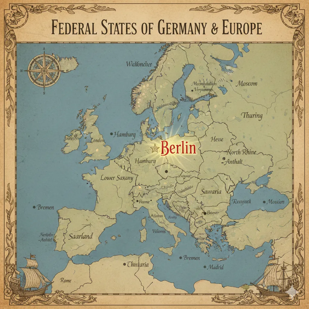 AI slop! A map of Europe, with Bremen and Madrid located in the Mediterranean sea, Hamburg somewhere in Doggerland, Spain is now Saarland, Russia has become Thuring, and France has become Lower Saxany.