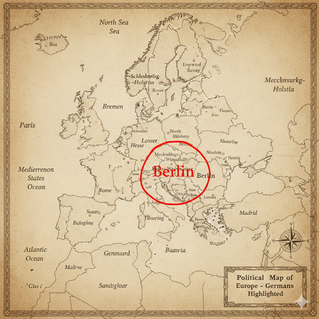 AI slop! A sepia map of Europe. Paris is in the ocean west of Ireland, Russia is Mecclensurkg-Holstia, Turkey is Madrid, Sicily is Buavia, the Atlantic Ocean has become the Medierrenon States Ocean, Algeria is Genmiard-Sanwgloar, Paris has become just “T,” and there is a big red circle around Vienna labeled Berlin.