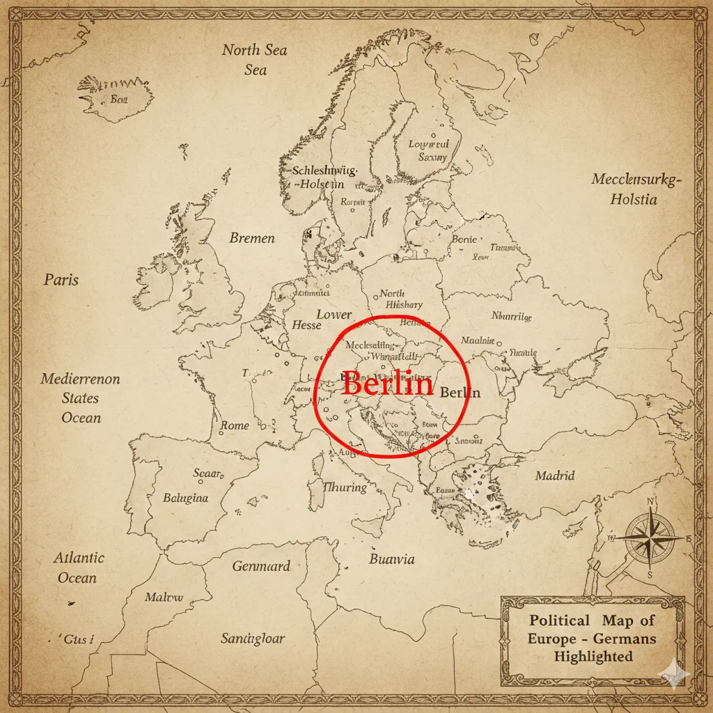 AI slop! A sepia map of Europe. Paris is in the ocean west of Ireland, Russia is Mecclensurkg-Holstia, Turkey is Madrid, Sicily is Buavia, the Atlantic Ocean has become the Medierrenon States Ocean, Algeria is Genmiard-Sanwgloar, Paris has become just “T,” and there is a big red circle around Vienna labeled Berlin.